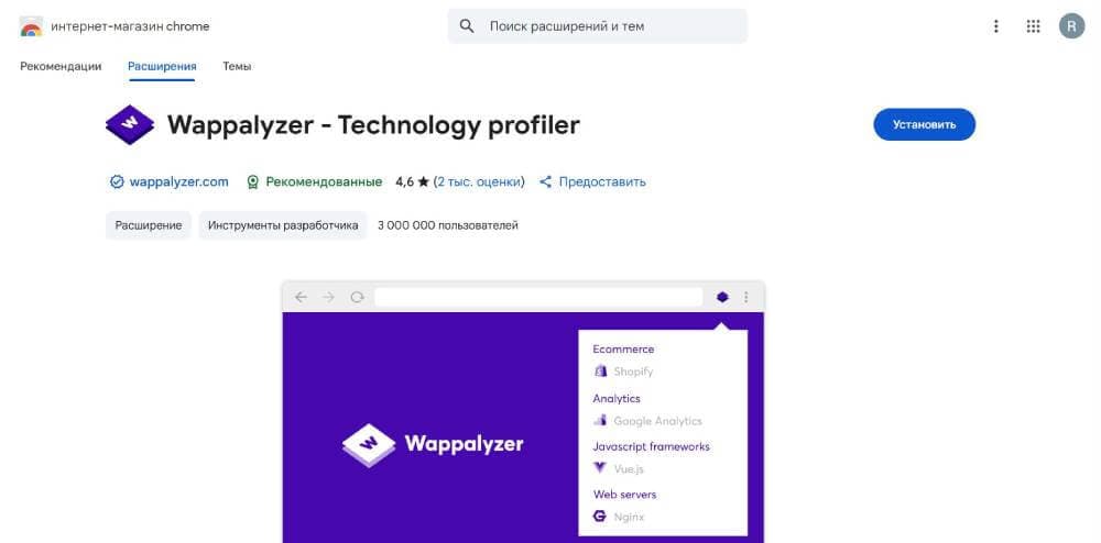 Расширение Wappalyzer - Technology profiler